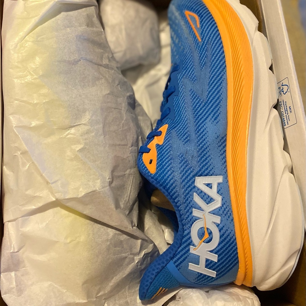 HOKA Vibrant Blue and Orange Sneakers, neutral wear